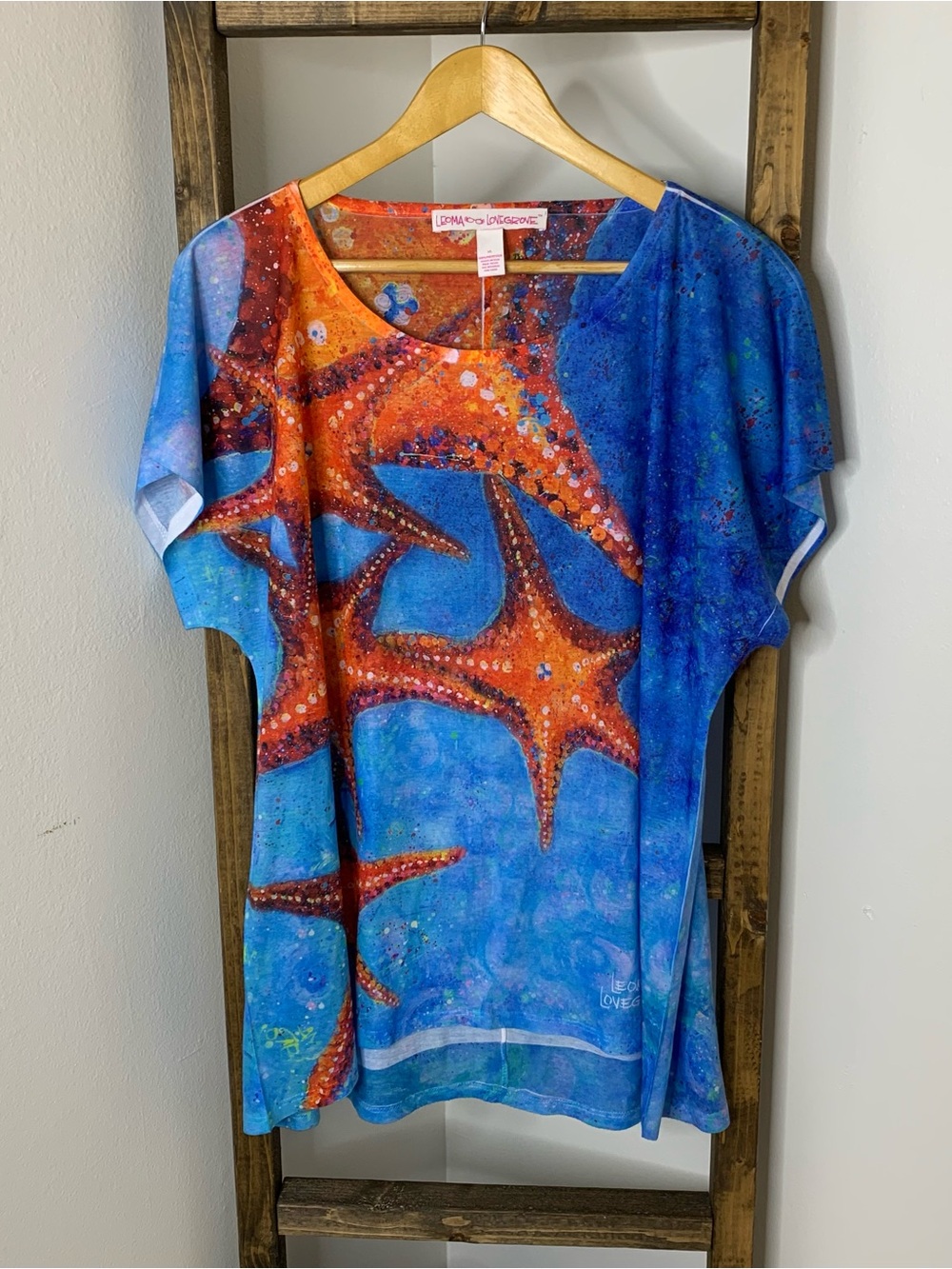 Leoma Lovegrove Women's Blue & Orange Starfish Print Tee Size XL